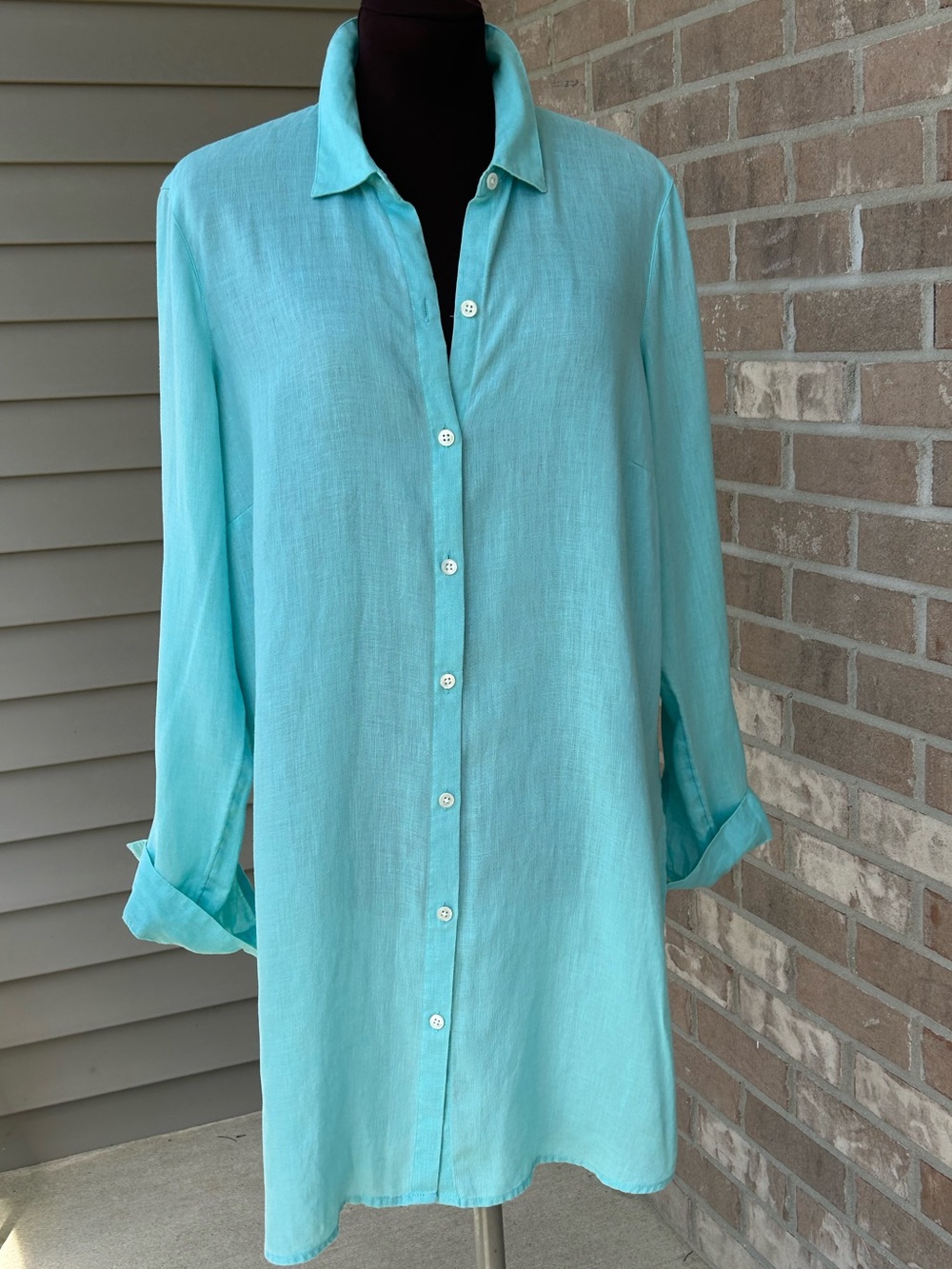 J JILL sM ‘Love Linen’ aqua long shirt-💯linen-great as a top or swimsuit coverup